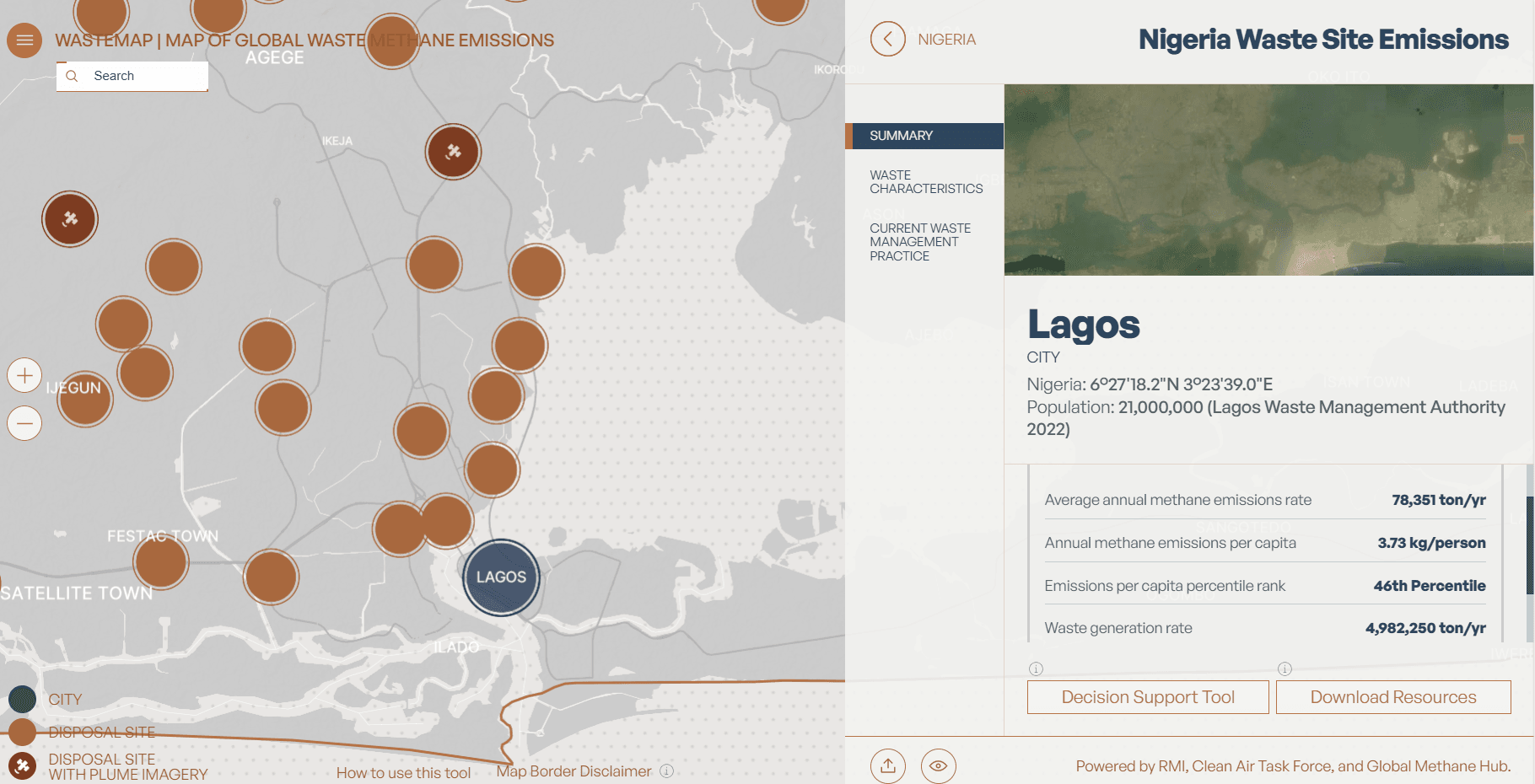 An info card pop-up of Lagos, a city in Nigeria.  The summary tab shows increasing methane intensity over time from 1970-2020. There are additional tabs for solid waste disposal sites and rank.